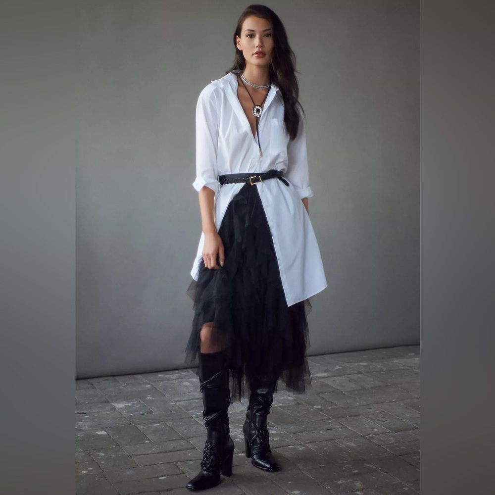 Anthropologie Ruffled Tulle Midi Skirt- blk- sz sp